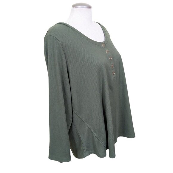 In Every Story Womens 2X Waffle Knit Henley T-Shirt Top Olive Green Long Sleeve - Picture 2 of 6